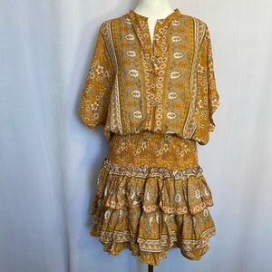 Jaase Boho Tiered Mustard Yellow Tiered Mini Dress Size M Short Sleeve Festival